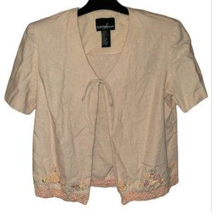 Positive Attitude Linen Blend Tie Front Short Sleeve Embellished Jacket Size 8